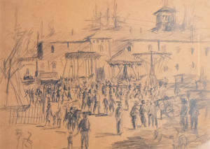 Gianni Brusamolino: festa del paese - carboncino su carta cm 43 x 60