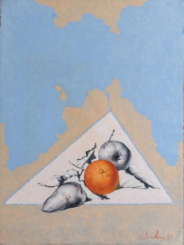 Gianni Brusamolino: Messaggeri con frutta, 1981 - olio su tela 80 x 60